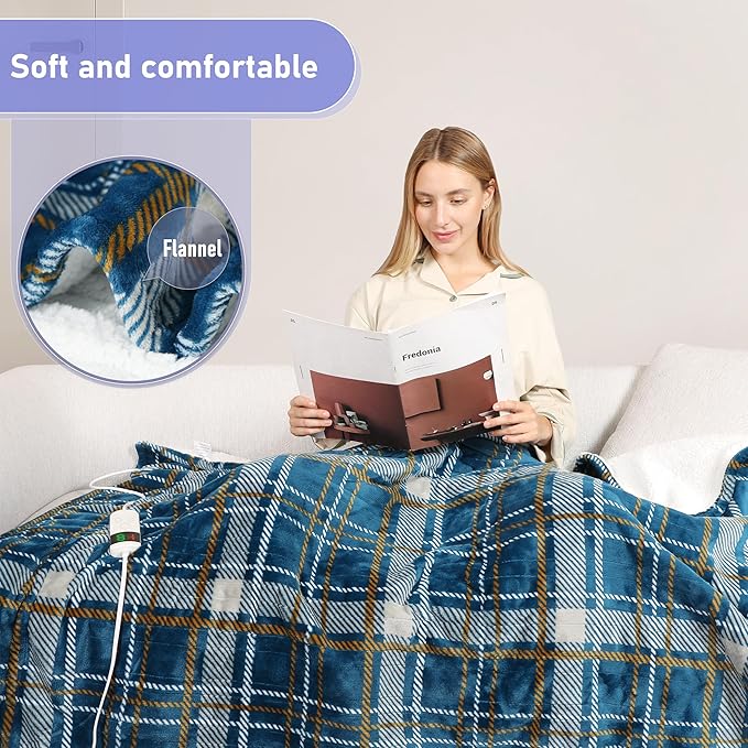 Electric Blanket Heated Throw, Soft Flannel 50"x60" Plaid Heating Blanket with 8 Hours Auto Off 10 Fast Heating Levels Machine Washable Sherpa Heated Blanket with Overheating Protection