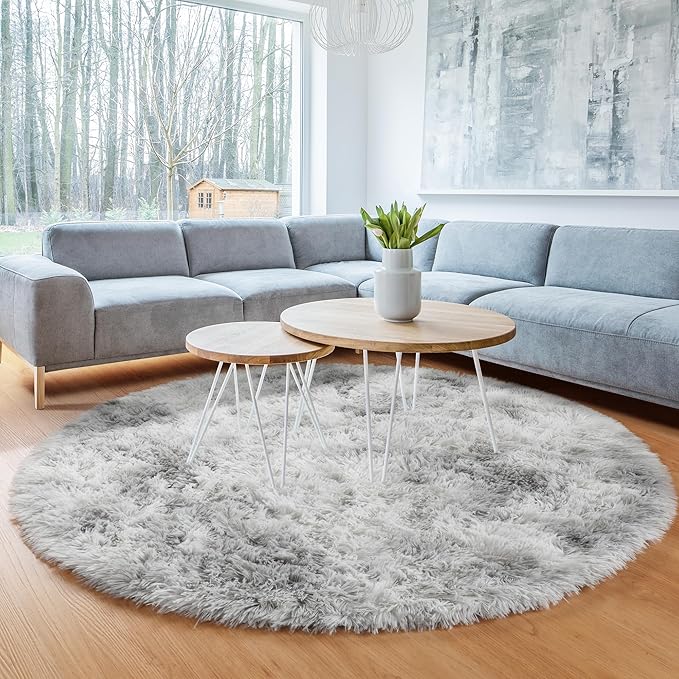 ONASAR Tie-Dyed Light Grey Round Area Rugs 6ft, Ultra Soft Bedroom Circle Rug for Kids Girls Boys Teen Room, Fluffy Plush Shaggy Carpet Floor Mats for Dorm Nursery Living Room Playroom Home Decor