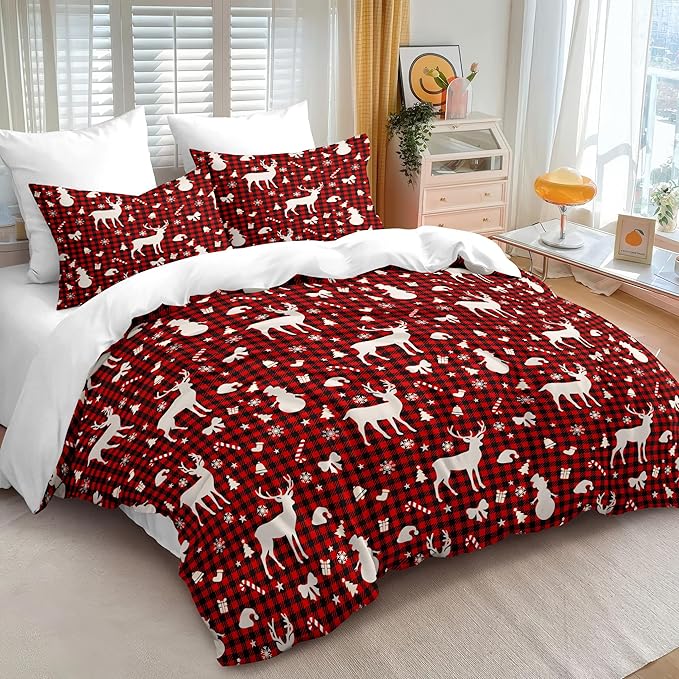 Christmas Duvet Cover King Size Red Gingham Christmas Bedding Set Kids Boys Girls Xmas Black Plaid Bow Pattern Comforter Cover 3 Pieces with Zipper Closure (No Comforter)