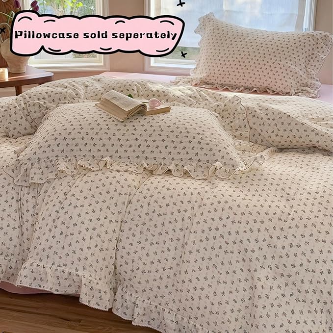 BuLuTu Pink Bellflower Print Duvet Cover Twin Muslin Cotton Comforter Cover for Toddler Kids Children Girls Boys, Lightweight Soft Quilt Covers, Zipper Closure, 4 Ties, No Pillow