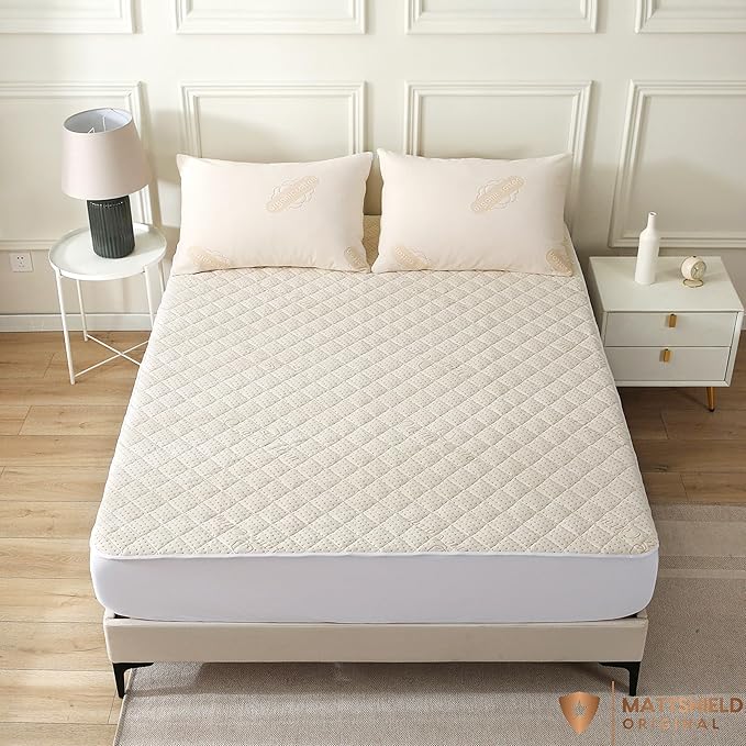 Luxury Quilted Organic Cotton Mattress Protector Queen - 380 GSM Waterproof & Breathable Pad - Deep Pocket Fitted Cover - Soft & Silent Protection