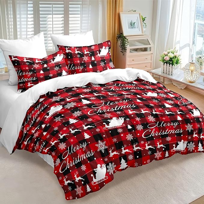 Christmas Duvet Cover Full Size Red Black Gingham Bedding Set 3 Pcs Kids Boys Girls Christmas Deer Pattern Soft Warm Comforter Cover with Zipper Closure (No Comforter)