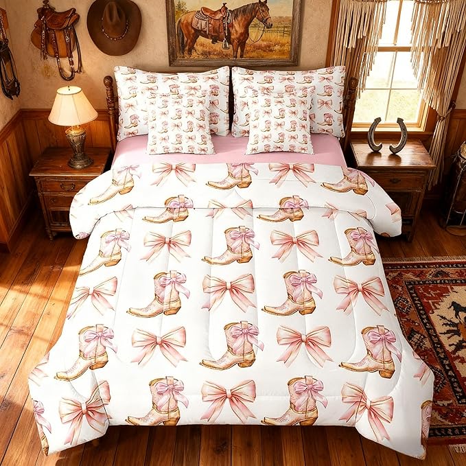 7 Pieces Western Cowgirl Comforter Set King,Pink Bowknot Cowgirl Boots Rustic Farmhouse Bedding Set,Bow Tie Geometric Patchwork Golden（Comforter+Fitted+Flat Sheet+2 Pillowcases+2 Throw Pillow Covers）