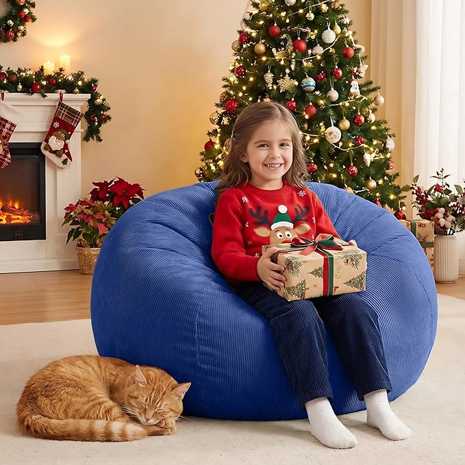 Nobildonna 3 ft Bean Bag Chair Cover (No Filler) 35"×43" Large Stuffed Animal Storage Bean Bag Washable Big Beanbag Chair Cover Premium Corduroy Stuffable Bean Bag Cover for Adults,Kids,Blue 300L