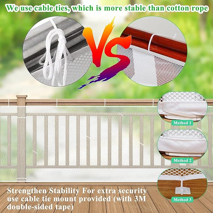 Child Safety Net, Durable Banister Guard for Baby Safety Stairs Railing Balcony Cribs, Banister Stair Mesh Baby Proofing, Easy to Install Stair Netting for Kids, Pets, Toys - (10ft Lx2.5ft H) White