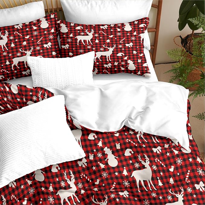 Christmas Duvet Cover Queen Size Red Gingham Christmas Bedding Set 3 Pcs Kids Boys Girls Xmas Black Plaid Bow Pattern Comforter Cover with Zipper Closure
