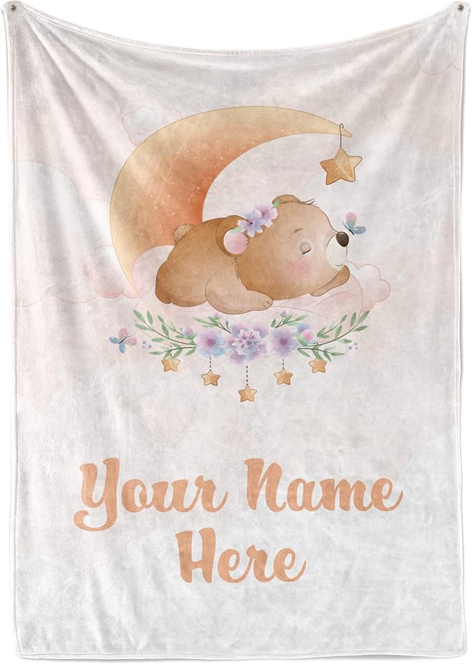 Personalized Baby Blankets with Name | Bear Custom Baby Girl and Baby Boy Newborn Blanket | Unisex Warm Soft Sherpa Swaddle Blanket Minky | (Bear, Sherpa 60"x80")
