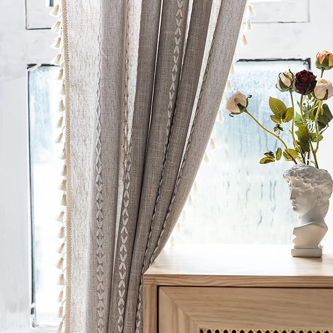 Deeprove Boho Curtain 84 Inches Length for Bedroom, Cotton Linen Weighted Taupe Stripes Embroidery, Semi Blackout Bohemian Retro Window Treatment Drape Tassels 1 Panel W52 x L84 Natural