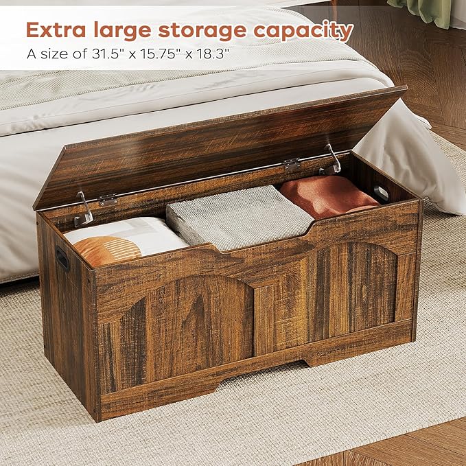 Storage Chest, 31.5" Storage Bench with 2 Safety Hinges, Farmhouse Style, 31.5 x 15.7 x 18.3 Inches, U-Shaped Opening for Entryway, Bedroom, Living Room, Supports 330 lb, Rustic Brown