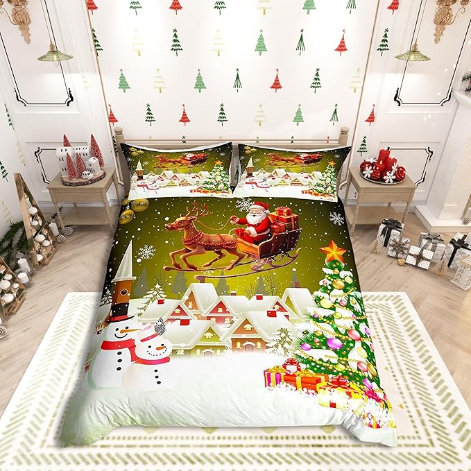 Manfei Christmas Duvet Cover Set King Size, Xmas Tree Snowman Comforter Cover with 2 Pillowcases, Santa Claus with Deer Bedding Set for Kids Boys Girls New Year Theme Bedspread Cover, No Comforter
