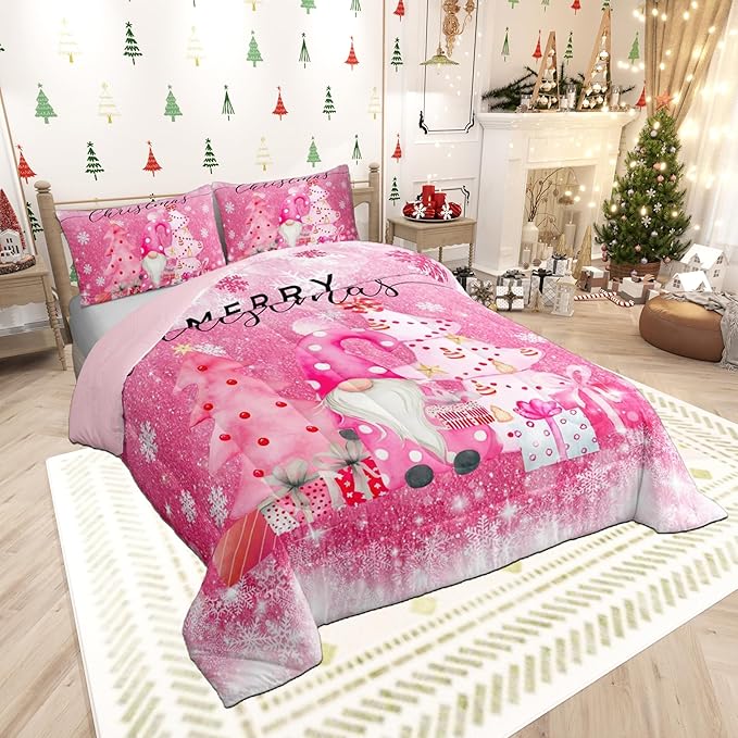 Castle Fairy Girly Christmas Comforter Set Twin Size,Pink Gnome Xmas Pine Trees Gift Bedding Set for Kids Boys Men,Snowflake Stars Glitter Sparkling Quilted Duvet Set with 1 Pillowcase