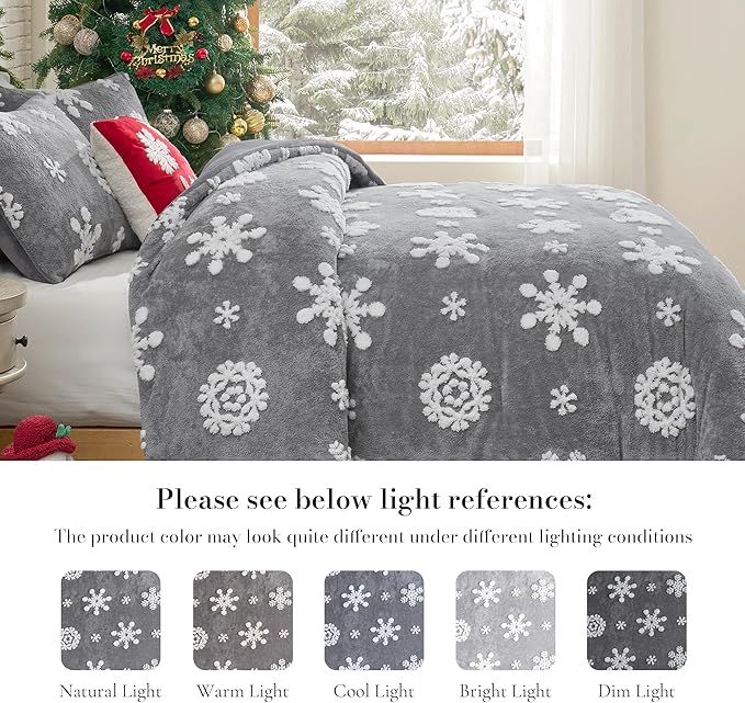 Amélie Home Christmas Comforter Set Queen, Fluffy Fleece Bedding Set with Christmas Snowflake, Grey Plush Comforter for Winter, 3 Pieces, 1 Soft Comforter and 2 Pillow Shams