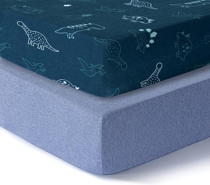 Dreamology Mini Crib Sheets, Pack and Play Sheets Fitted, 100% Cotton Mini Crib Sheets, Boy, Girl, Pack n Play Sheet, Crib Mattress Sheets, 24x38 Crib Sheets | Dino, Denim Blue
