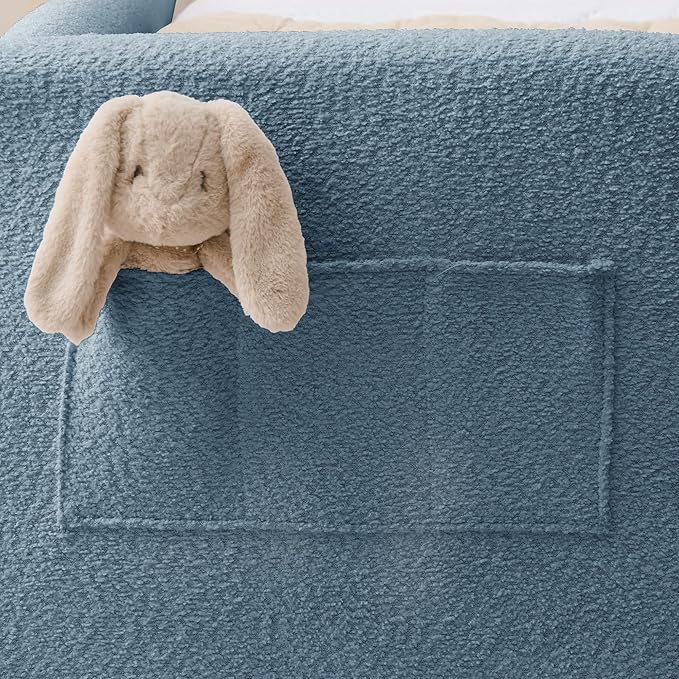 Twin Bed with Rails, Montessori Bed Frame for Toddlers, Boucle Upholstered Platform Bed with Rabbit Ear Headboard, for Kids & Teens, Blue