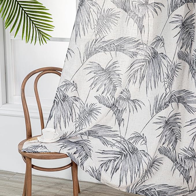 MYSKY HOME Linen Curtains for Living Room Plant Leaf Patterned Semi Sheer Vertical Drapes Decor Hawaiian Style Texture for Dining Room Light Soften Privacy, Grey, W52 x L84, Pack-2