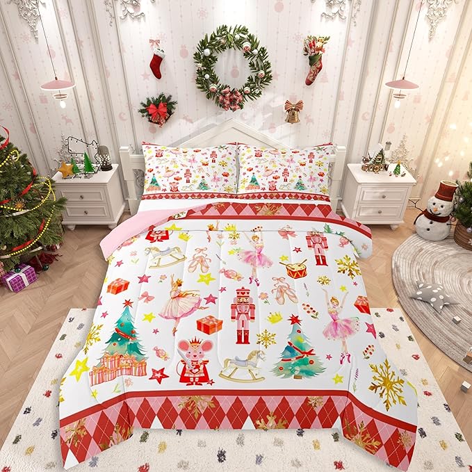 Feelyou Christmas Comforter Set All Season Ballet Nutcracker Bedding Set with 2 Pillow Cases Snowflake Kids Queen Bedclothes Bedroom Decor Duvet Quilt Breathable Soft Lightweight