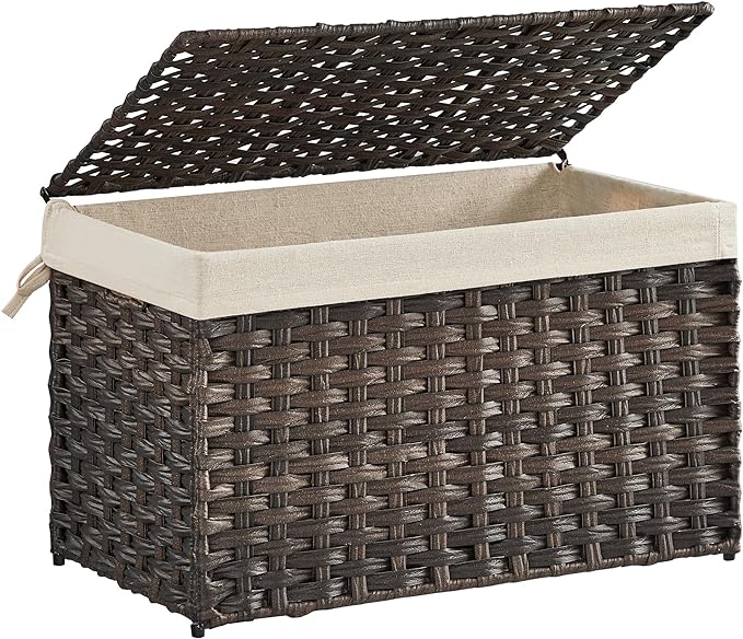 SONGMICS Storage Basket with Lid, 17.2 Gallon (65L) Storage Bin, Woven Blanket Storage Basket with Handles, Foldable, Removable Liner, Metal Frame, for Bedroom, Laundry Room, Brown URST56BR