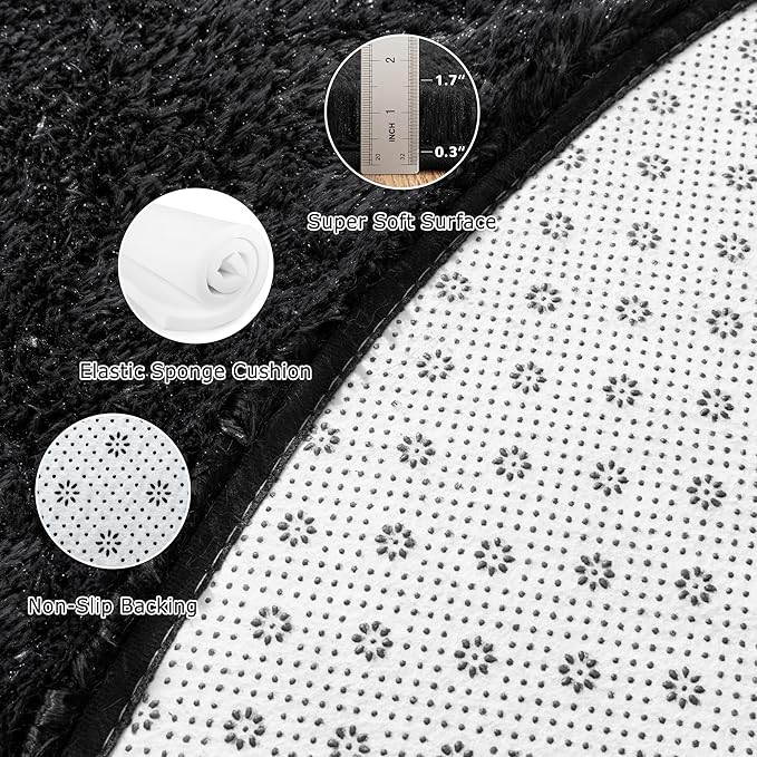 Fluffy Rug 5ft Round Black Super Soft Furry Rug for Kids Room, Shaggy Rug for Nursery Plush Rug for Living Room