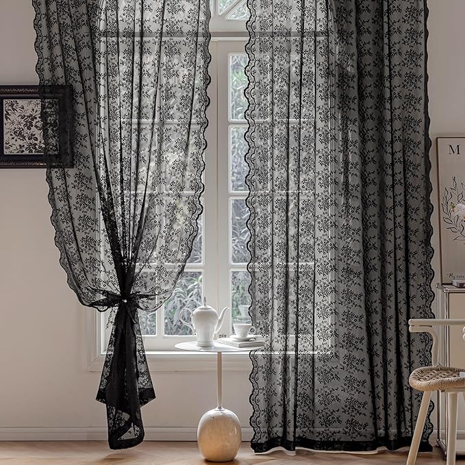 Anmao Vintage Lace Curtains 80 Inches Long 2 Panels Set, Romantic Elegant Light Filtering Semi Sheer Floral Thick Lacy Curtain Drapes for Living Room and Bedroom, Each Panel 55W x 80L, Black