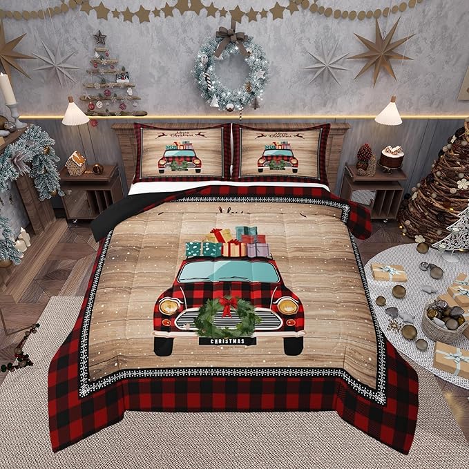 Castle Fairy Christmas Plaid Truck Bedding Set for Boys Girls,Snowflake Deer Red Plaid All Season Cozy Comforter Set Full Size,Rustic Farmhouse Brown Wooden Duvet Set Bedroom Decor,Festival Gifts