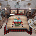 Castle Fairy Christmas Plaid Truck Bedding Set for Boys Girls,Snowflake Deer Red Plaid All Season Cozy Comforter Set Full Size,Rustic Farmhouse Brown Wooden Duvet Set Bedroom Decor,Festival Gifts