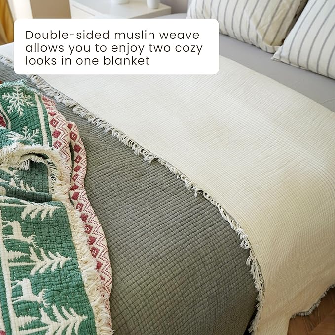 Christmas Muslin Comforter – Cotton Muslin Blanket with Soft Fiber Filling, Breathable & Cozy Muslin Throw Blanket, Reversible Holiday Quilt (Sage Gray, Queen (U.S. Standard))
