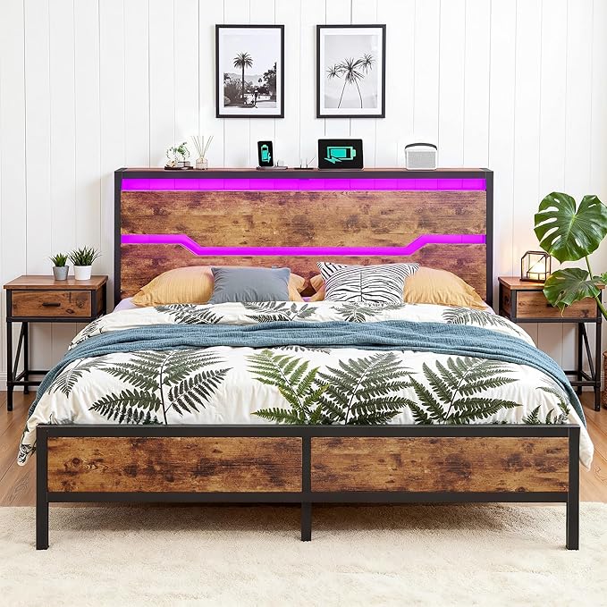 Queen Bed Frame with LED Lights & Charging Station, Bed Frame Queen Size with Headboard,13" Under Bed Storage, Noise-Free Heavy Duty Metal Support, Modern Brown