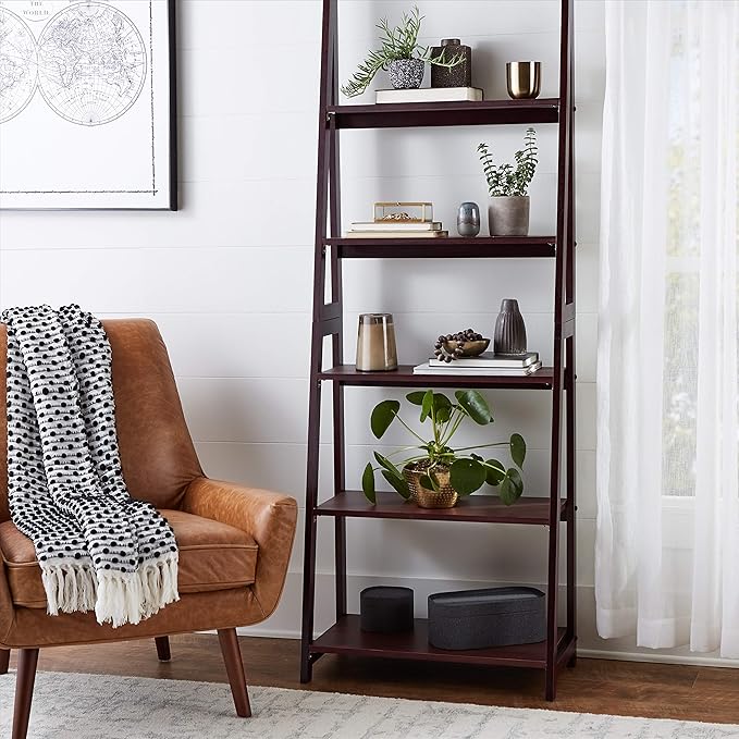 Amazon Basics Ladder Bookshelf Organizer, 5-Tier, Solid Rubberwood Frame, Walnut Finish, 14" D x 24.8" W x 70.1" H