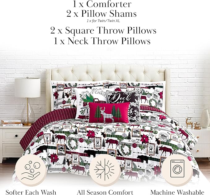 Southshore Fine Living, Inc. Merry Town Christmas Comforter Set, Twin Size 5-Piece Christmas Bedding Set w/Shams & Holiday Throw Pillow; Reversible 2-Sided Red Plaid Comforter & Rustic Cabin Print