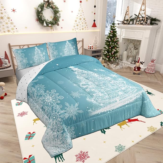 Castle Fairy Merry Christmas Comforter Set King Size,Glitter Xmas Trees Shiny Light Decor Bedding Set All Season Quilt Set,Blue Shiny Stars Snowflake Microfiber Polyester Down Comforter