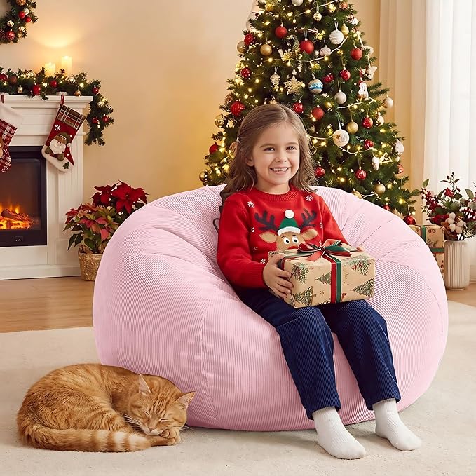 Nobildonna 3 ft Bean Bag Chair Cover (No Filler) 35"×43" Large Stuffed Animal Storage Bean Bag Washable Big Beanbag Chair Cover Premium Corduroy Stuffable Bean Bag Cover for Adults,Kids,Pink 300L