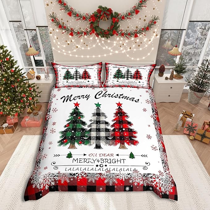 Manfei Xmas Tree Duvet Cover Set Full Size, Merry Christmas Comforter Cover with 2 Pillowcases, New Year Theme Plaid Print Bedding Set 3pcs for Kids Boys Girls Bedroom Decor,No Comforter