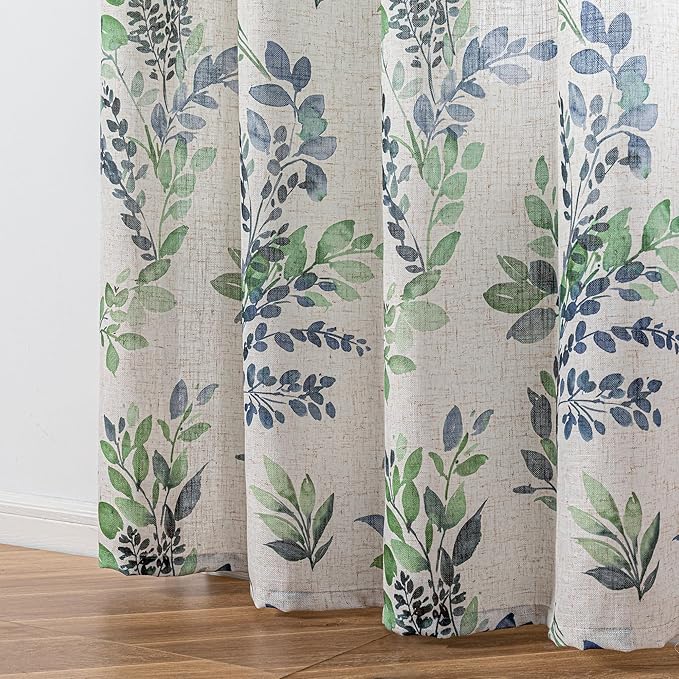 MYSKY HOME Linen Sheer Curtains for Living Room Leaf Patterned Semi Vertical Drapes Decor Farmhouse Style Texture for Dining Room Light Soften Privacy, Green, W52 x L84, Pack-2