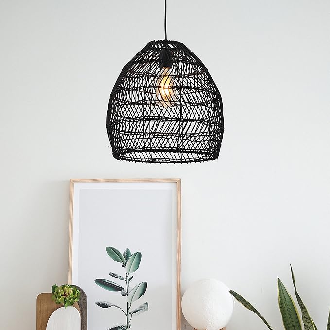 Bamboo Pendant Light Fixture Boho Style 1 Lights Rattan Pendant Lamp Woven Hanging Light for Kitchen Island Nursery in Black(17.7" W)