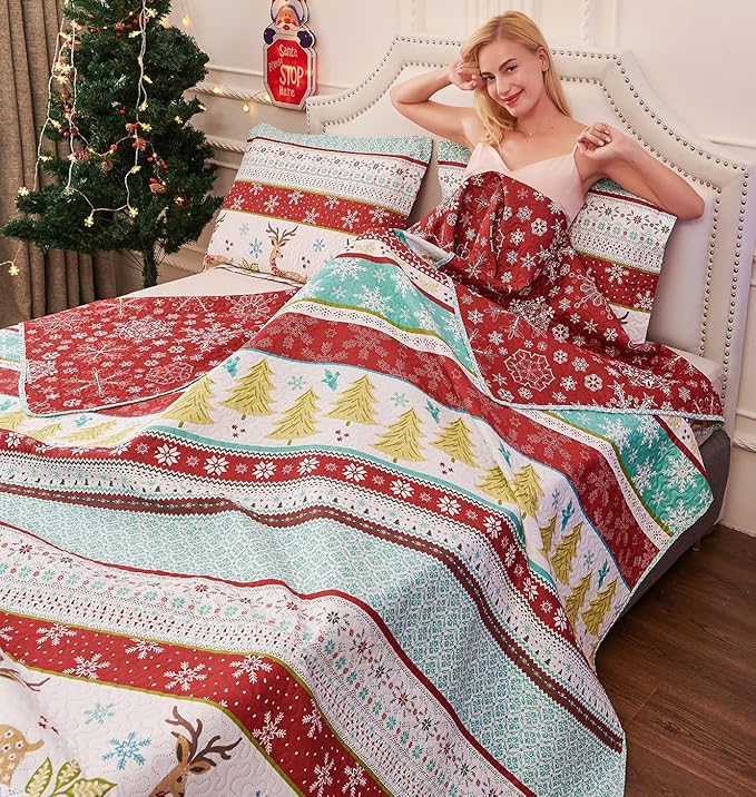 Jessy Home Christmas Bedding Set - Queen Size Quilt, Bedspread, Reversible Coverlet - Rustic Lodge Deer Snowflake Cabin Home Holiday Decor