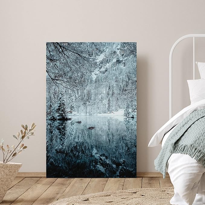 SIGNWIN Canvas Wall Art Woodland Nursery Decor Magical Winter Reflection Lake Nature Forest Photography Realism Rustic Scenic Dramatic Multicolor Cool for Living Room - 24"x36" inches