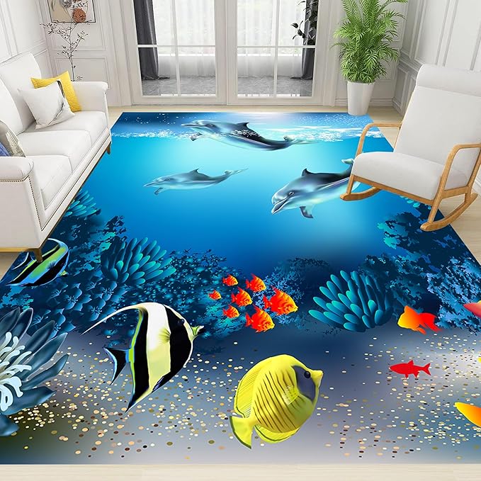 Sea Dolphin Indoor Area Mat, 4x6ft, Ocean Beach Coral Fish Bathroom Rug, Blue Ocean Theme Reduce Noise Home Decor Mat, Nursery Decor Washable Nonskid Carpet for Office Floor Sofa