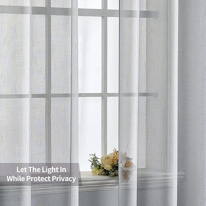 MIULEE Natural Linen Semi Sheer Window Curtains - Elegant Solid Light Grey Drapes Grommet Top Voile Panels for Bedroom Living Room (52X63 Inch)