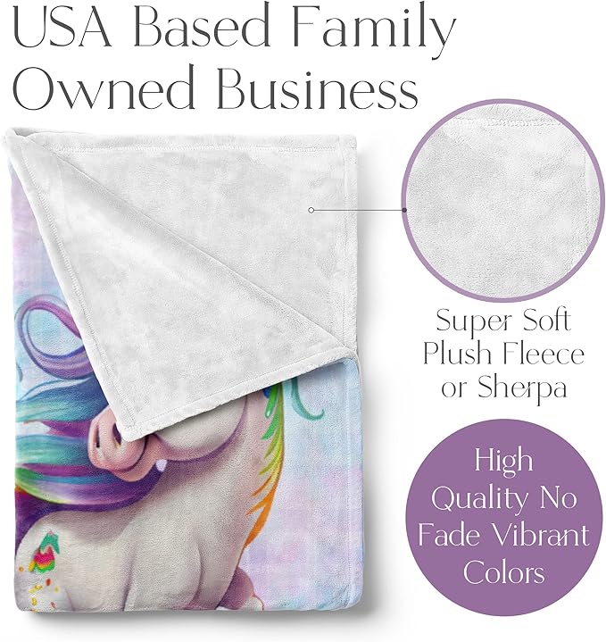 Personalized Baby Unicorn Throw Blanket for Girls with Custom Name, Prancing Pony with Rainbow Mane and Tail, Cute Nursery Room Decor, Soft Plush Toddler Bedding for Babies, (Sherpa 60x80)