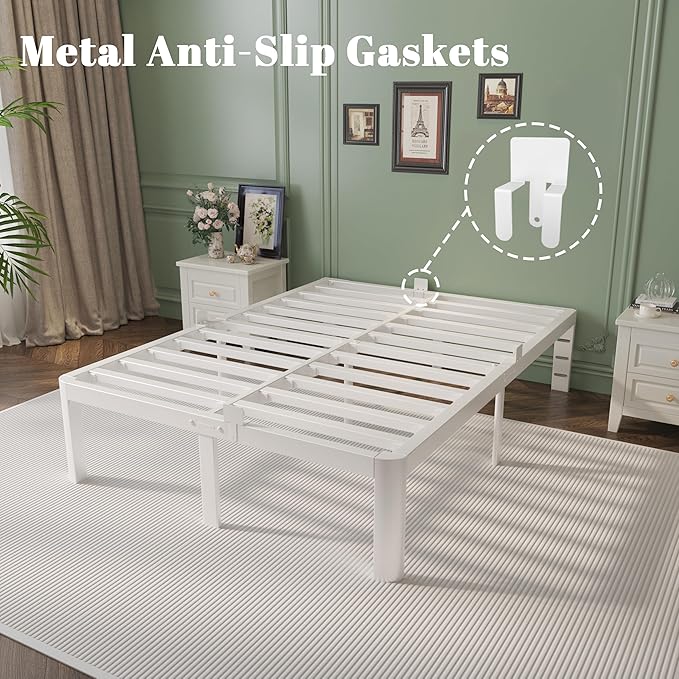 King Size Bed Frame 14 Inch, White King Bed Frame with Metal Baffles, No Box Spring Needed, Heavy Duty Steel Platform Support, Round Corner Legs, Reserved Holes, Storage Space, Noiseless