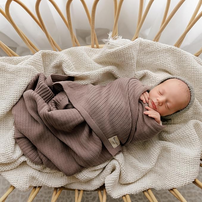 Organic Ribbed Swaddle Blanket for Boys & Girls - 100% Luxury Organic Soft Cotton Knit Warm Cozy Cuddle Stroller Blanket for Newborns, Infants, & Toddlers (Milk Chocolate)