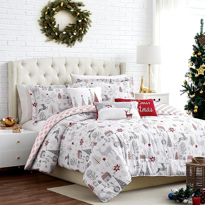 Southshore Fine Living, Inc. 6-Piece Christmas Bedding Cal King/King, Christmas Comforter King, 2 Throw Pillows, 2 Shams, 1 Throw Pillow Cover, Snowflake Bedding, Holiday Comforter - Holly Jolly