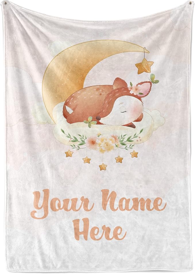 Personalized Baby Blankets with Name | Custom Deer Newborn Blanket for Baby Girl and Baby Boy | Unisex Warm Soft Fleece Swaddle Blanket Minky | (Fawn, Fleece 50"x60")
