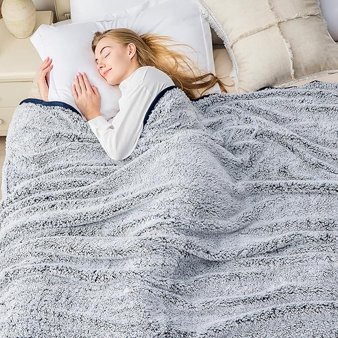 EMME Soft Sherpa Fleece Blanket Reversible Plush Fluffy Large Blanket, Light Weight Warm Decorative Boho Blanket Cover for Sofa, Couch, Bedroom,Travel(Plush Navy,60"x80")