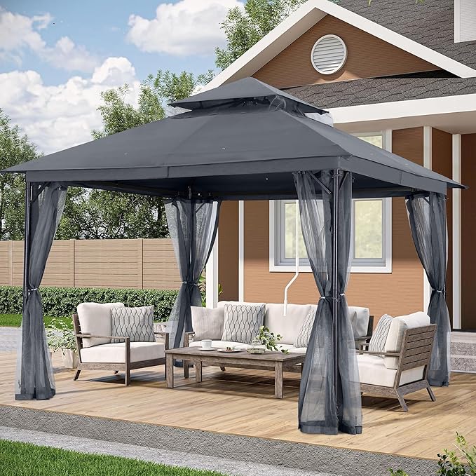 ABCCANOPY Outdoor Patio Gazebo 11x13 - Double Roof Canopy with Mosquito Netting for Backyard, Deck, Garden, Lawn, Dark Gray