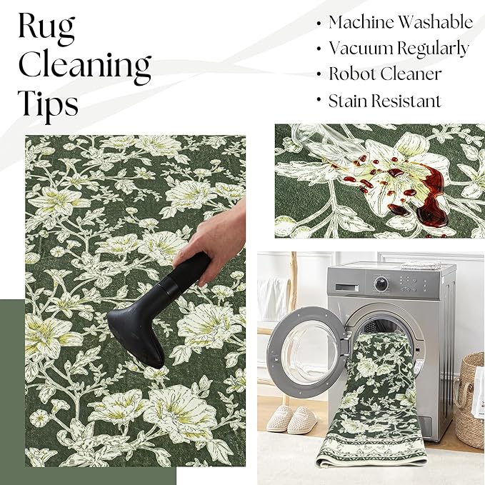 Olive Green Floral Print Area Rugs for Bedroom Living Room Boho Farmhouse Country Rustic Dining Room Carpet Soft Washable Rugs Non Slip Floor Covering for Nursery Playroom 5x8