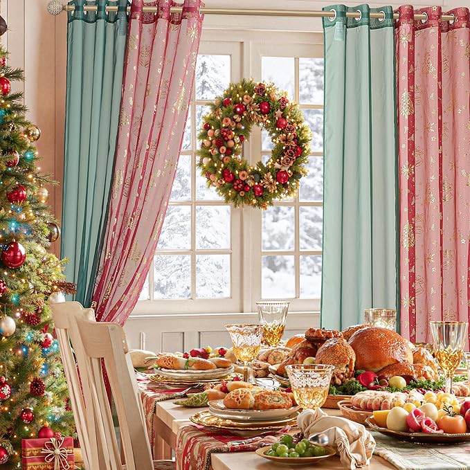 NICETOWN Christmas Curtain Set - 2 Green Sheer (W29 x L63) & 2 Gold Foil Printed Panels(W40 x L63), Grommet Festive Window Decor for Holiday Season