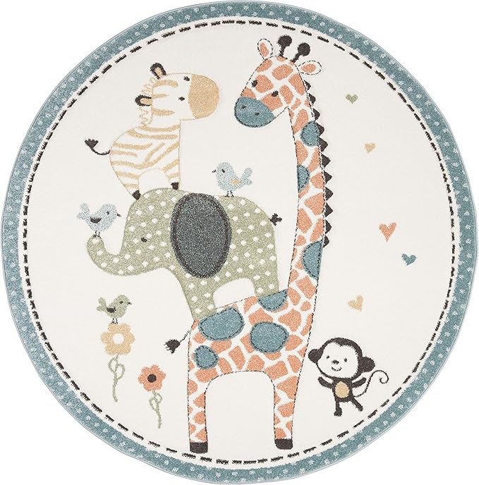 SAFAVIEH Carousel Kids Collection Area Rug - 9' Round, Ivory, Geometric Design, Ideal for High Traffic Areas in Living Room, Bedroom, Dining (CRK120A)