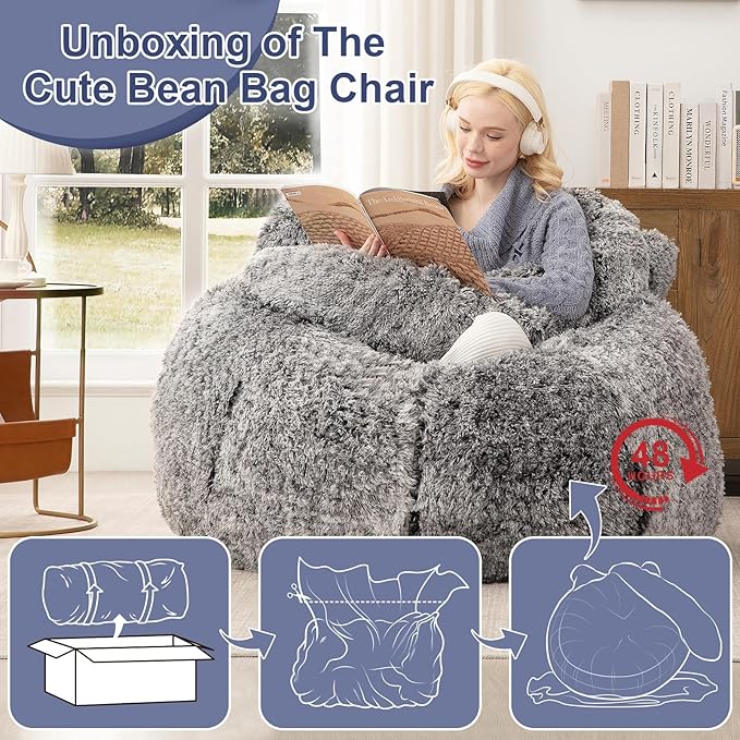 Bean Bag Chair for Adults Teens Giant Faux Fur Bean Bag Chairs with Filler Fluffy Plush Cat Shaped Beanbag Couch Comfy Accent Floor Sofa for Gaming, Reading in Living Room, Bedroom, Dorm