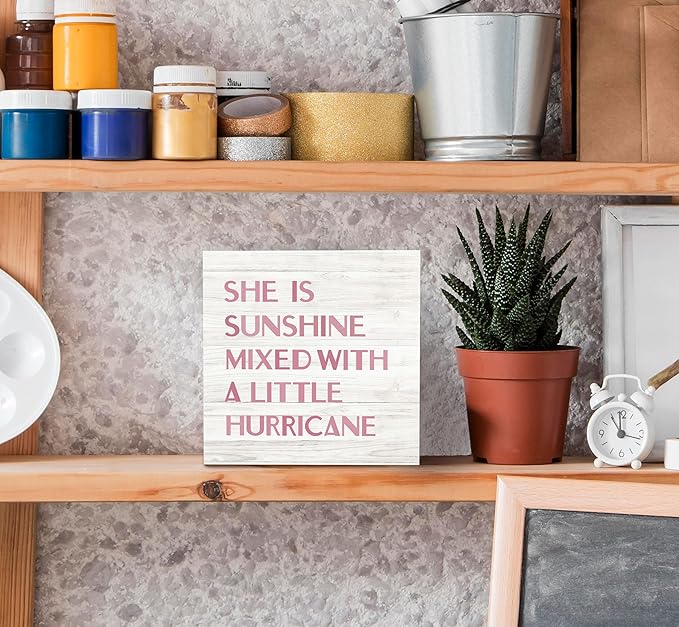 SRADMO She is Sunshine Mixed with a Little Hurricane Boho White Wood Box Sign Desk Decor, Baby Girls Inspirational Wooden Box Decor for Girls Room Nursery Playroom Shelf Table Decorative Accessories